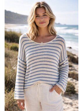 Wooden Ships Striped Sweater M/L Blue White Lightweight Coastal Knit